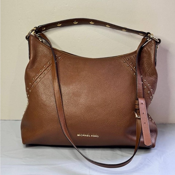 Michael Kors Aria Damson Studded Hobo Bag Brown Gold EUC - Picture 1 of 11